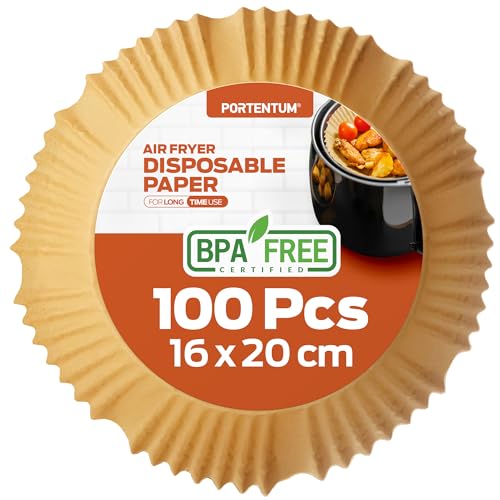 PORTENTUM Carta forno per friggitrice ad aria 100 unità da 16-20 cm Rotonda. Adatto al Forno, da 3,5 a 6 litri. Carta Air Fryer certificata per uso alimentare BPA Free, FDA e LFGB