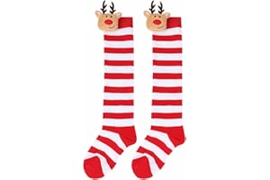 Girls Christmas Striped Socks Funny Reindeer Over Knee High Socks Holiday Party Striped Tights Kids Xmas Stockings