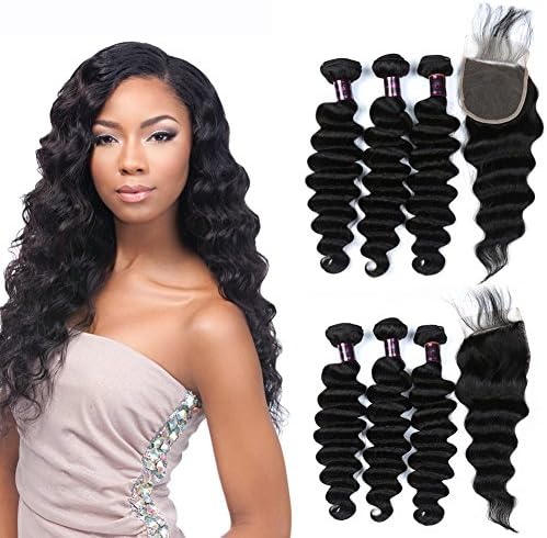 Usheen Hair Bundles with Closure Brazilian Loose Wave with Closure Multipe Choice Human Hair Weave Hand Tied Swiss 4x4 Lace Closure with Bundles Thick and Full 12 14 16 with 12 Closure Free Part