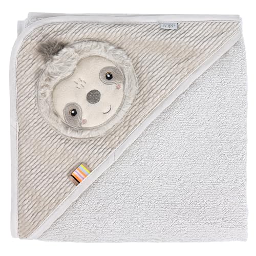 Fehn Adorable Sloth Design Terry Towelling Bath Towel with Hood Absorbent and Cosy Poncho for Babies and Toddlers from 0 Months
