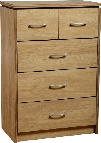 Seconique Charles 3+2 Drawer Chest, Oak Effect with Walnut Trim, 484.95 x 1184.95 x 114.95 cm