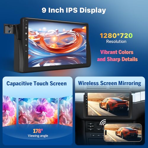 Eonon 9 inch Android 14 Compatible with BMW E46 3+32GB GPS Sat Nav CarPlay Android Auto MirrorLink screen mirroring Bluetooth DSP USB RCA Backup Camera support DAB+ OBDII Car Radio Stereo E46X7