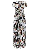 OUGES Women's V-Neck Pattern Pocket Maxi Long Dress, Black, XL