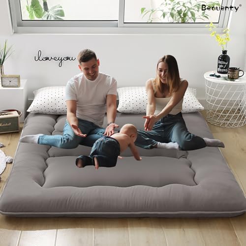 Beauenty Japanese Floor Mattress, Roll Up Quilted Bed Futon Mattress, Thicken Sleeping Pad, Portable Daybed Guest Bed,150 * 200CM Gray(Style 3)