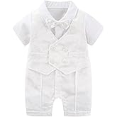 Hresadio Baby Boy Gentleman Romper with Bow Tie Newborn Tuxedo Jumpsuit Baby Formal Outfits Clothes 0-18 Months
