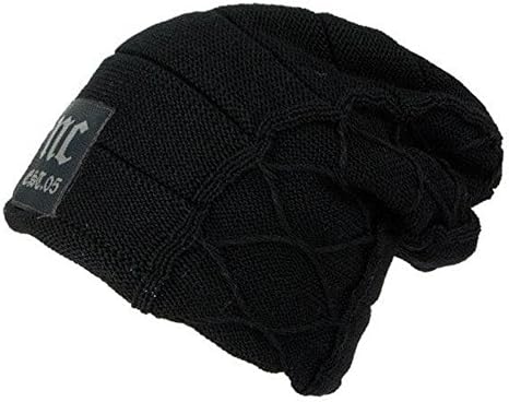 HSRT Mens Plus Velvet Thick Warm Knitted Hat Casual Letter Solid Slouchy Beanie Hat