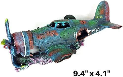 Fish Tank Betta Fish Ornament 9.5” x 4.1” Resin Damaged Battle Plane Fighter Jet Cave Aquarium Decoration for Saltwater Freshwater Tropical Fish