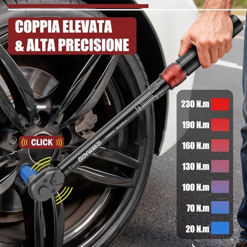Torque Wrench 1/2" 20-230 Nm - 6 Pieces Car Torque Wrench 72 Teeth Ratchet with Extension Bar & Adapter 1/2" to 3/8" & Sockets 17mm/19mm/21mm for Car, Motorcycle, Tire Change