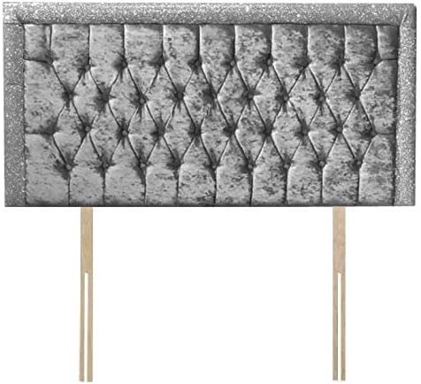 Luxury Glitter Bumper Bar Crushed Velvet Chesterfield Headboard, All Sizes & Colors (Silver, 4ft6 Double (Crystal Diamante))