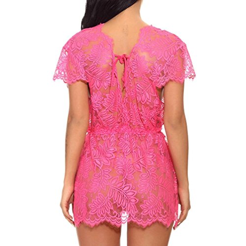 Women Lingerie,Sexy Lace Deep V Short Sleeve Nightdress Sleepwear Underwear Babydoll (Hot Pink, Size:2XL)