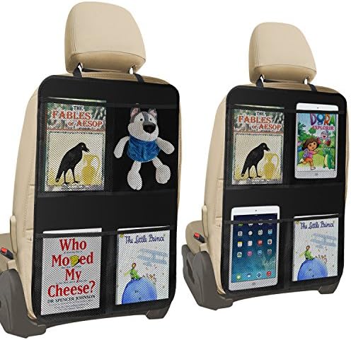 Universal Seat Back Protectors Kick Mats with 4 XX-Large Organizer Pockets iPad for Car Vehicle SUV, Backseat Child Kick Guard Seat Saver, Deluxe Washable Adjustable Seat Back Covers, 2 Pack (28X20)