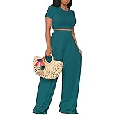 YouSexy Casual Summer 2 Piece Outfits for Women Short Sleeve Crop Top High Waist Wide Leg Pants Sets