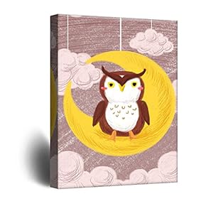 Cute Cartoon Animals Canvas Wall Art - an Owl Sitting on The Crescent Moon - Giclee Print Gallery Wrap Kid