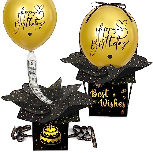 jixsloft 2 Set Birthday Money Box for Cash Gift Pull, Funny Pull Money Balloon Box Happy Birthday Surprise Set, Birthday Gifts for Women Men Best Friend Girlfriend Wife Sister (Golden)