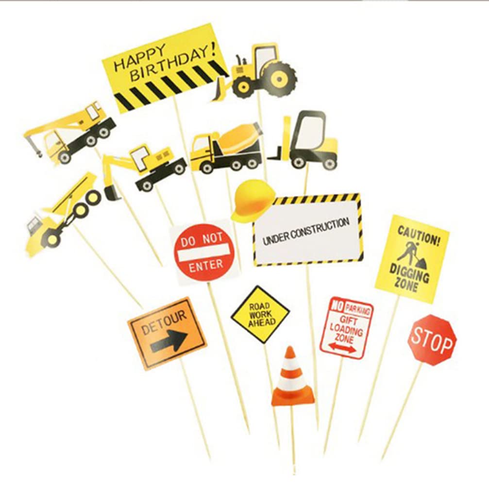 Houhounb 15-Piece Construction Vehicle & Signs Cake Decoration Pack - Yellow, Perfect for Multiple Occasions