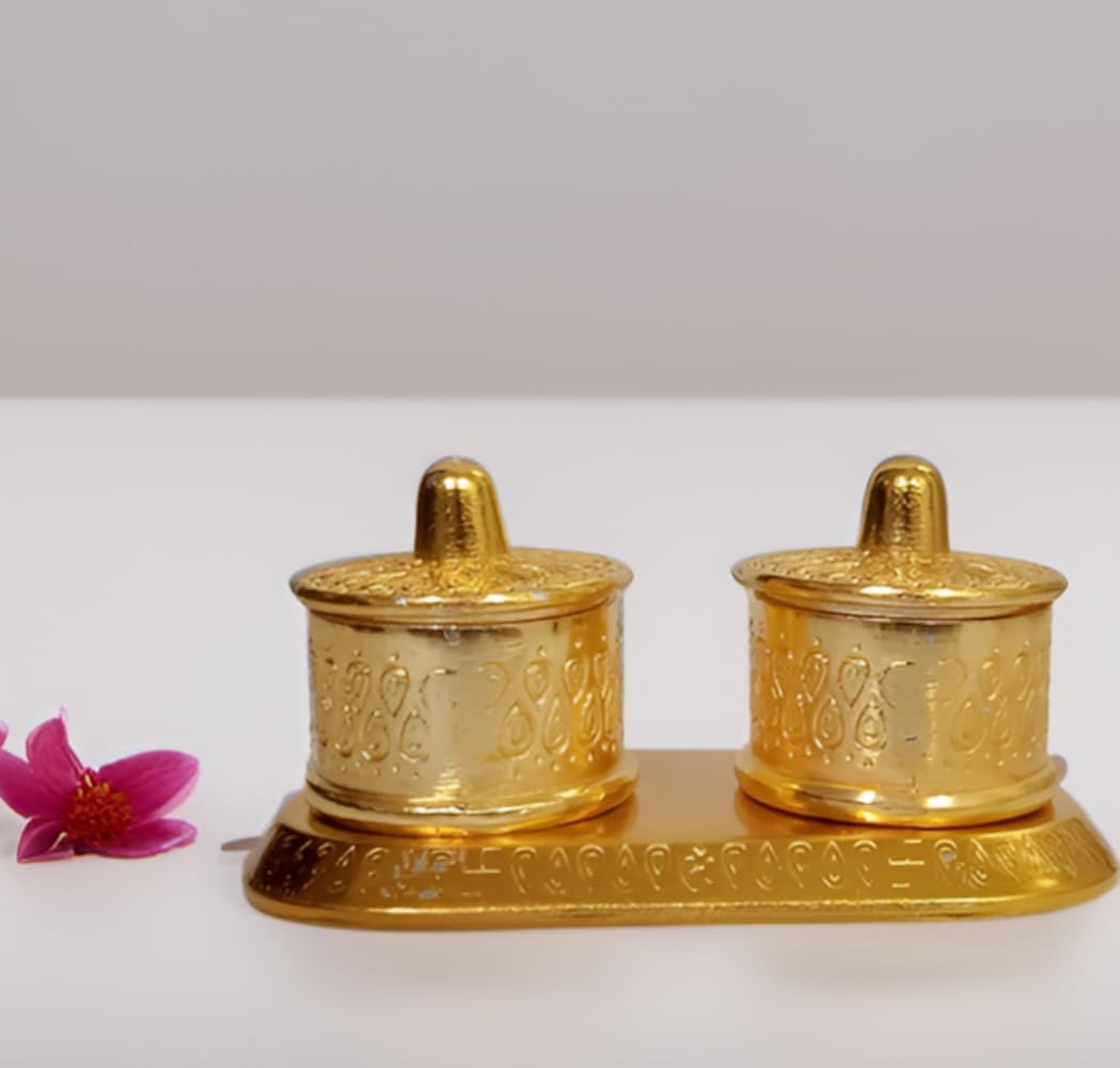 Purpledip Metal Box With Two Containers For Home Temple Puja Ghar: Kumkum (Sindoor) Chawal Diya Batti Dibbi (12609)
