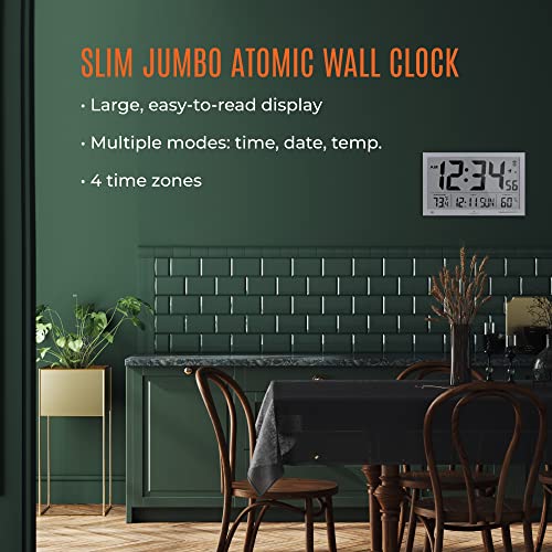 Marathon Slim Jumbo Atomic Wall Clock, Silver Large, 15Inch Display