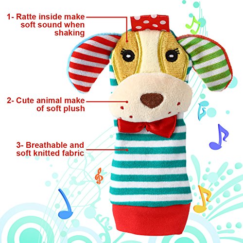 Acekid Baby Foot Rattle,4pcs Wrist Rattle and Socks Toys Set Toddler Soft Animal Toys Pig and Dog