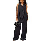 Vssjavun Women's Summer 2 Piece Outfits Cowl Neck Sleeveless Halter Tops and Wide Leg Pants Vacation Beach Matching Sets 2026