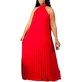 Aro Lora Womens Casual Sleeveless Plus Size Chiffon Halter Neck Pleated Loose Long Maxi Dress