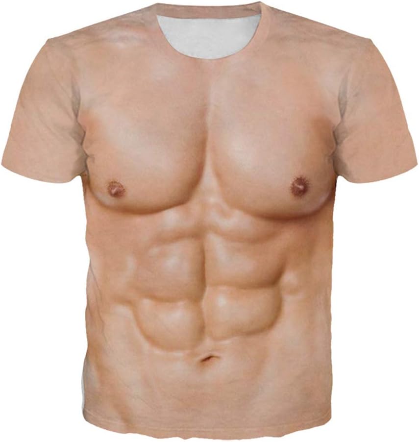 Men Funny Muscle Tee Shirt 3D Graphic Print T-Shirts Fashion Short Sleeve Six Pack Abs T-Shirt for Man