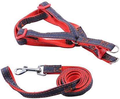 LuWees Dog Leash Harness Adjustable &amp; Durable Leash Set &amp; Heavy Duty Denim Dog Leash Collar for Training Walking Running, Rescue No-Pull Harness for Small/Medium Dog,Red
