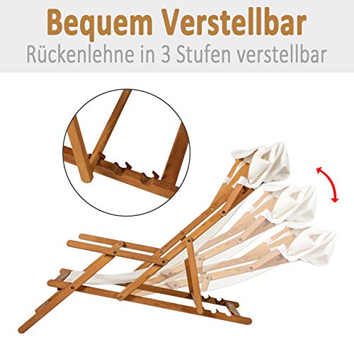 Outsunny Sonnenliege Gartenliege Relaxliege verstellbar Liegestuhl Relaxsessel Gartenmöbel mit Sonnendach Hocker Akazie… – Bild 4