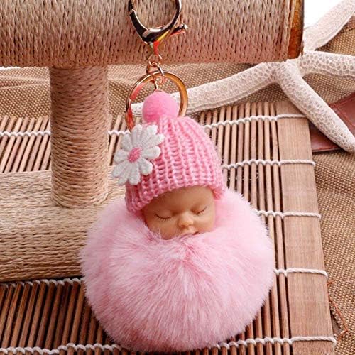 XHYKL Sleeping Baby Doll Keychain Flower Pompom Rabbit Fur Ball Key Chain Fluffy Car Keyring porte clef Bag Key ring