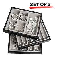 JackCubeDesign Set of 3 Leather Stackable Jewelry Tray Earring Necklace Bracelet Ring Organizer Display Storage Box(Black, 11 x 9.5 x 1.8 inches)-MK213S