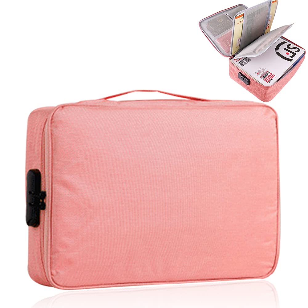 Oxford File Storage Box,Document Organizer with Lock,Home Office Travel Safe Bag,Multi-Layer Portable Storage Pouch for A4 Files Passport Tablet Certificates(Pink) — image 1