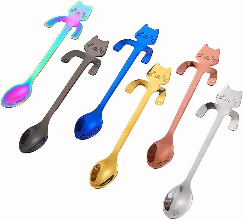 6 Pcs Stainless Steel Coffee Spoon Mini Cat Kitty, Tea Soup Sugar Dessert Appetizer Seasoning Bistro Spoon, Hanging Cup Spoon Kitchen Gadget