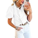 Pinclodly Womens Button Down Shirt Stand Collar Ruffle Top Striped Long Sleeve Shirts Work Tops for Women Trendy