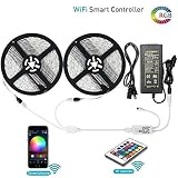LUNSY RGB LED Light Strips with Remote, Dimmable LED Strip Lights, 300LED 5050, 32.8 ft/10m IP65 Waterproof Wifi Rope Lights Outdoor, 12V , Wireless Smart Phone, Alexa Controlled