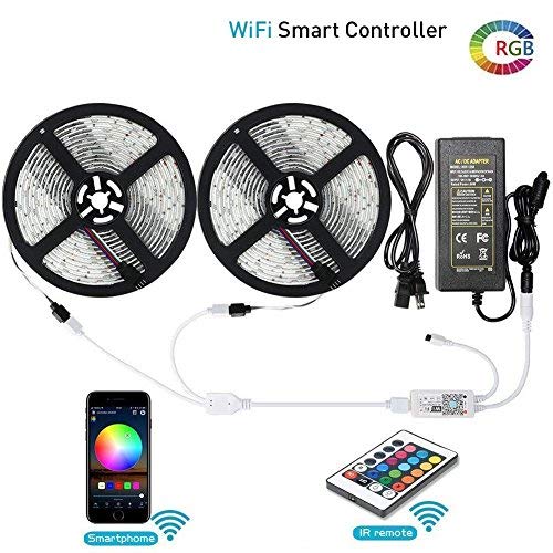 LUNSY RGB LED Light Strips with Remote, Dimmable LED Strip Lights, 300LED 5050, 32.8 ft/10m IP65 Waterproof Wifi Rope Lights Outdoor, 12V , Wireless Smart Phone, Alexa Controlled
