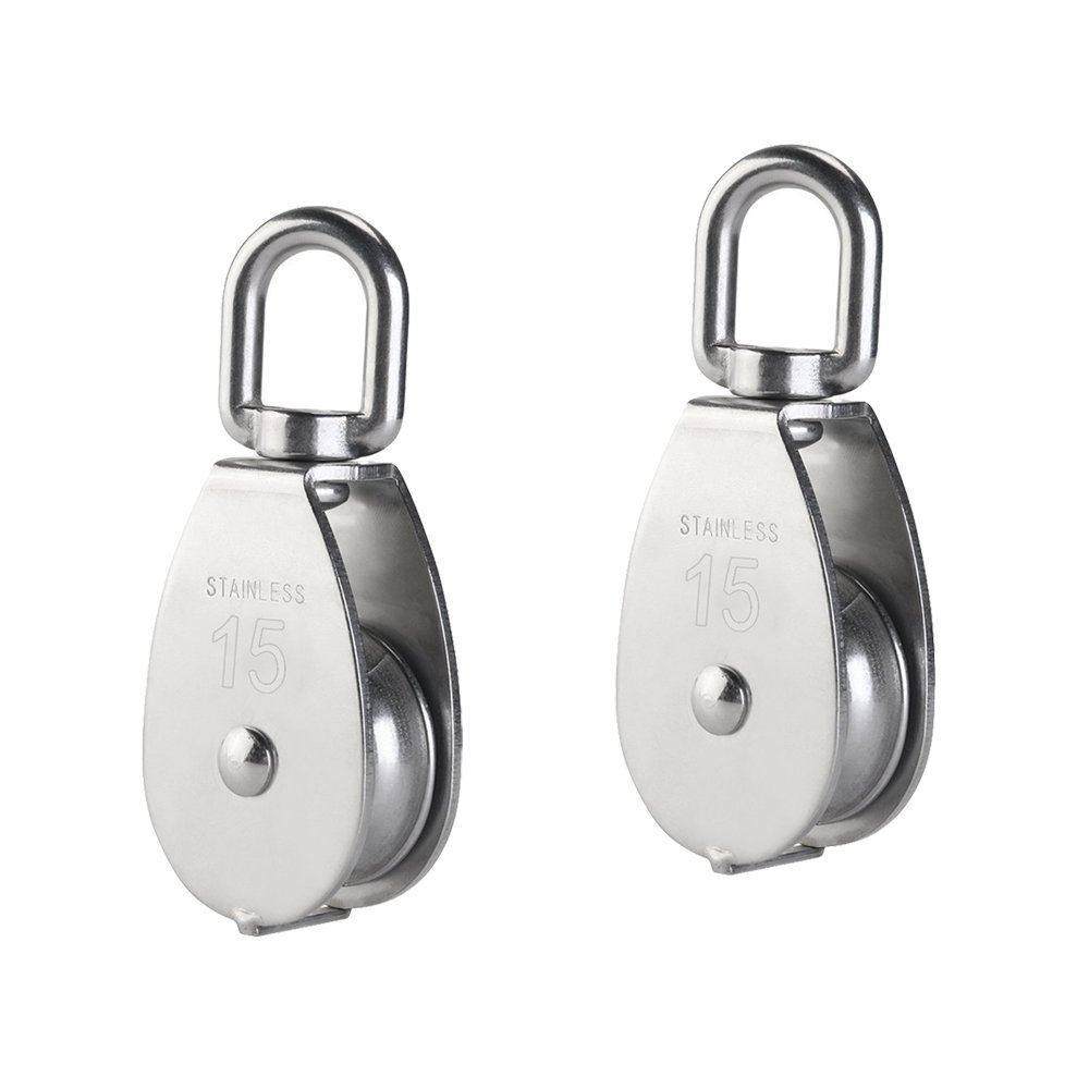 IMAGINE 2Pcs M15 M20 M25 Silver Single Pulley Block 304 Stainless Steel Single Wheel Wirerope Traction Trolley Crane Swivel Hook Pulley Roller Loading (M15 35kg)