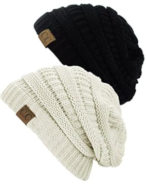 Trendy Warm Chunky Soft Stretch Cable Knit Beanie Skully, 2 Pack