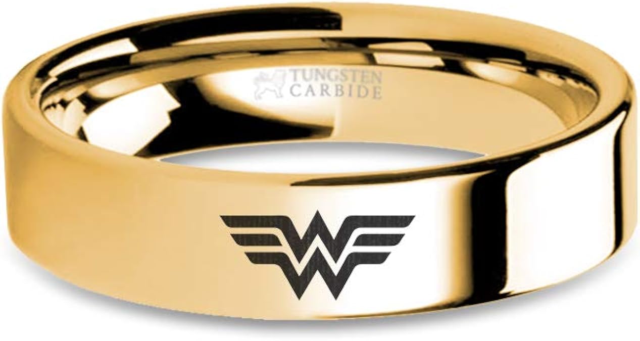 Wonder Woman WW Symbol Engraving Gold Tungsten Wedding