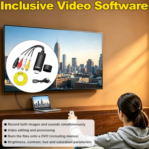 VHS to Digital RCA Converter Video and Audio Capturadora USB Converter for VHS VCR TV DVD Analog zu Digital Video Konverter for Windows 11 10 8 7 Mac XP Vista Black