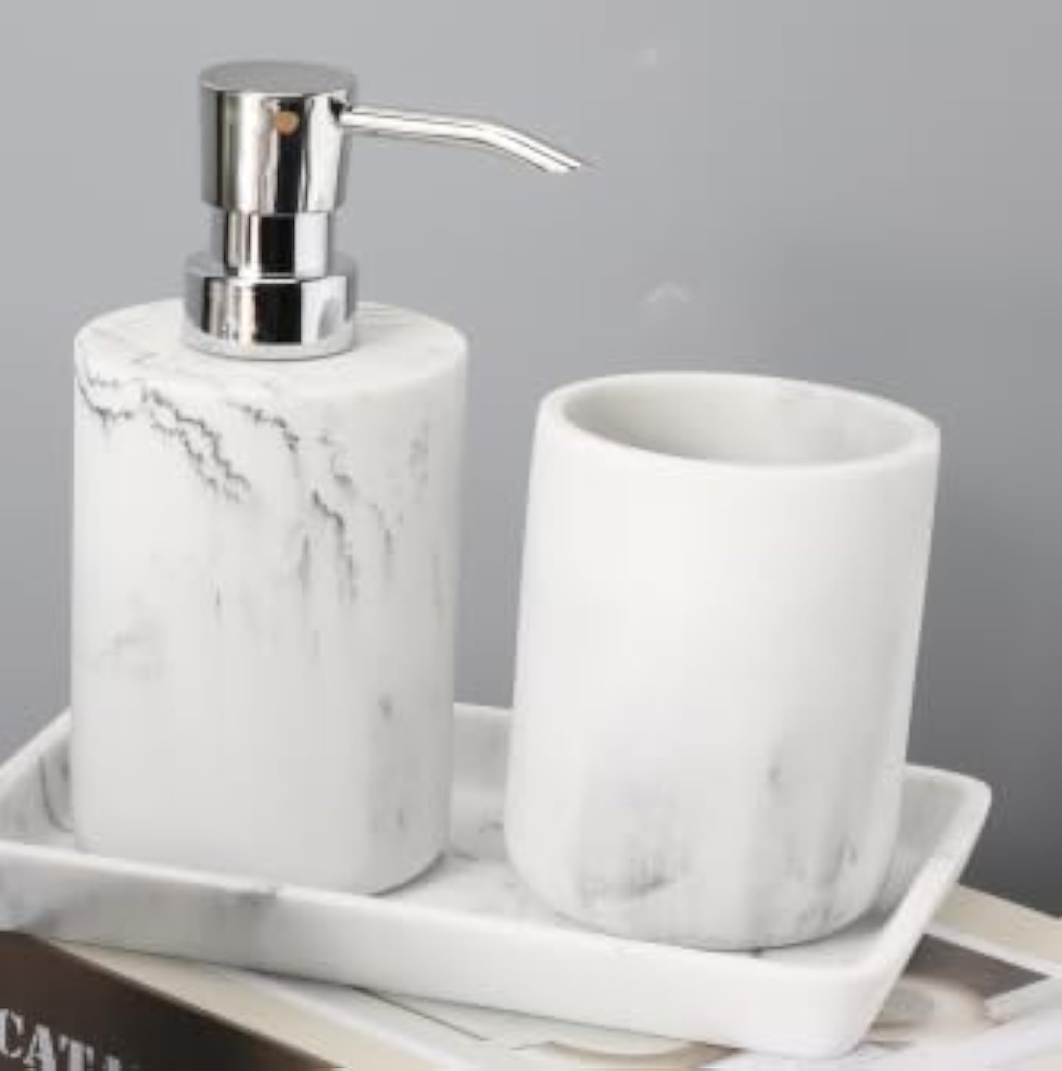Photo 1 of *MINOR DAMAGE - USED*
idestc® Bathroom Accessory Set with Lotion Soap Dispenser, Toothbrush Holder and Vanity Tray, 3-Piece Like Marble Soap and Lotion Dispenser Sets (Marble White)