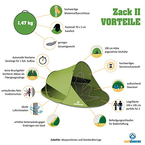 outdoorer Pop up Strandmuschel Zack II - Wurf-Strandmuschel mit UV-Schutz 60, Sonnenschutz und Windschutz am Strand – Bild 3
