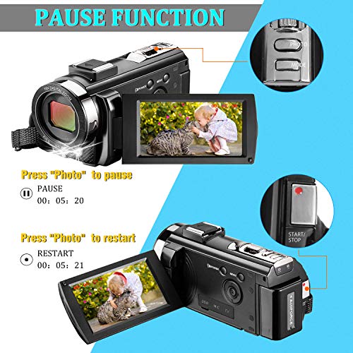 Video Camera Camcorder KENUO Full HD 1080P 30FPS 24MP Vlogging Digital Camera With Lens Hood 3.0 Inch Screen 16X Digital Zoom Camcorder Recorder YouTube Webcam For Live Streaming Camera with Microphon