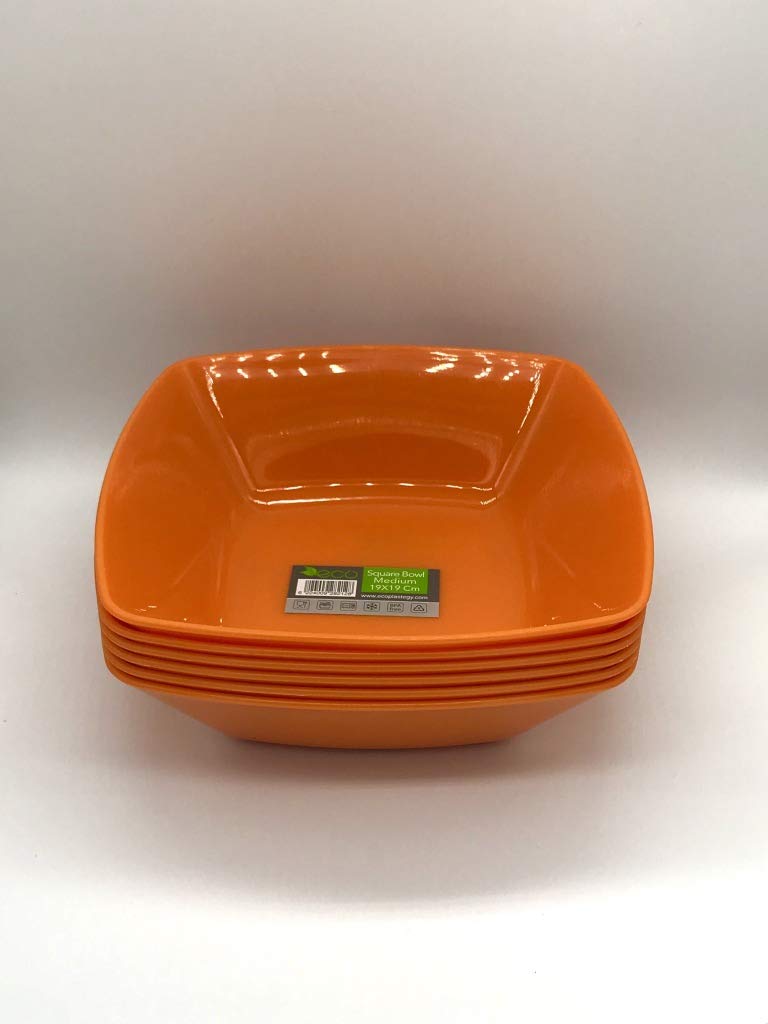 ECO Durable Medium Plastic Square Bowls Set of 4 | 19cm x 19cm – Cereal Bowl for Kids | Reusable Square Bowls for Parties | BPA-Free Stackable Plastic Serving Bowls (Orange, Medium 19x19cm)