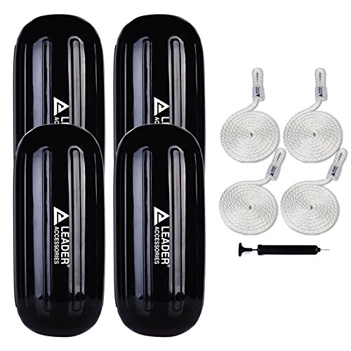 Leader Accessories Boat Fender 4 Pack Boat Bumpers Hole Through Middle Ribbed Inflatable Includes 3/8'' Fender Lines Pack od 4 and Pump to Inflate