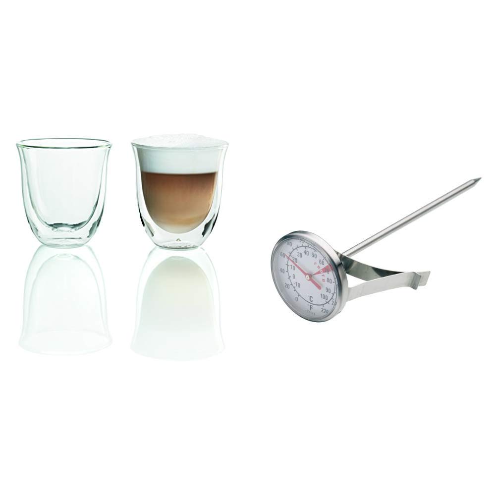 Delonghi 5513214601 Cappuccino Thermo Glasses - Pack of 2 & Kitchen Craft Stainless Steel Milk Frothing Thermometer