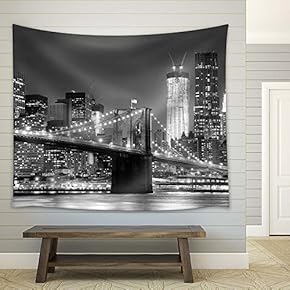 New York City Brooklyn Bridge in Black and White - Fabric Tapestry, Home Decor - 51x60 inches