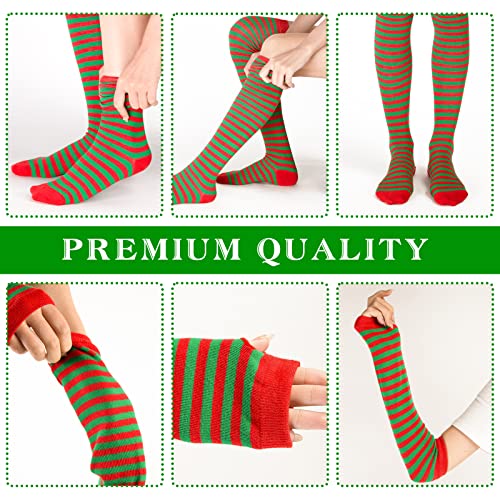 3 otters Christmas Knee High Socks, Red Green Striped Thigh High Stockings and Long Arm Gloves for Elves Party Chrismas Costume Show Cosplay Party