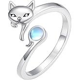 Qyvit Highland Cow/Cat/Dragon Rings 925 Sterling Silver Open Adjustable Moonstone Rings with Daisy Cow Jewelry Gift for Women