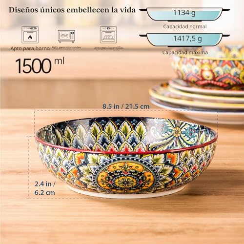 Henten Home Juego de platos hondos de pasta, 2 platos hondos de colores, 1500 ml, cuencos multiusos para sopa, fideos, espaguetis, pasta, ensalada, serie Mylo, estilo boho