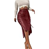 Womens High Waisted Belted Leather Pencil Skirt Side Button Split Faux Leather Work Midi Skirt Wrap