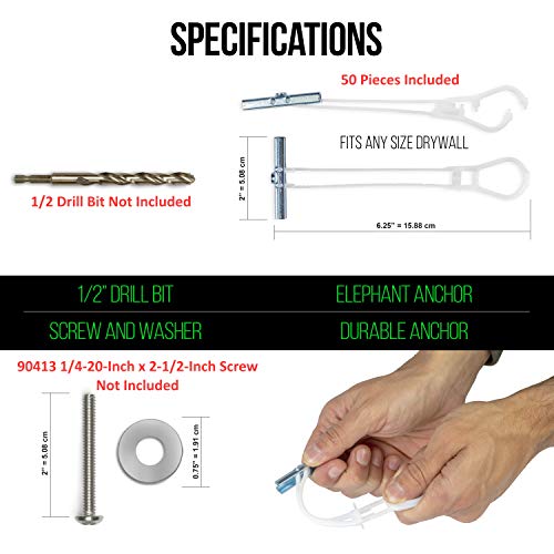 90lb Elephant Anchors 50Piece NO Screw Included. Drywall Anchor for